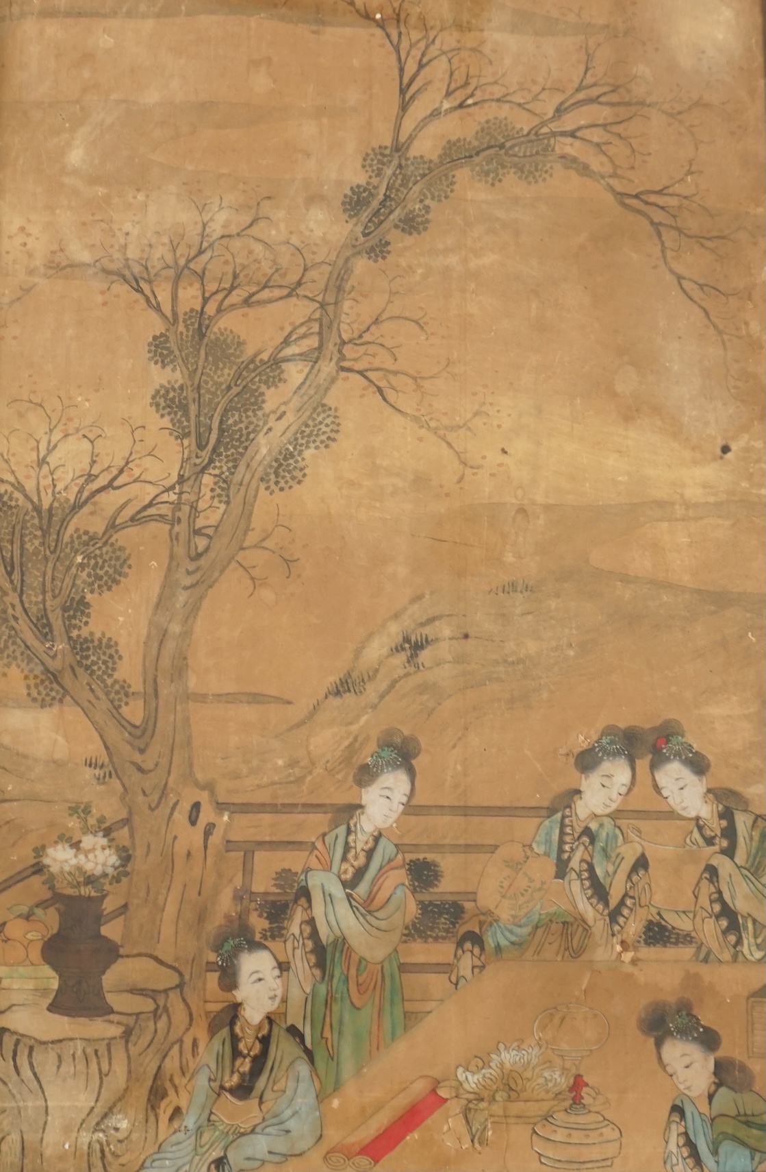 Chinese School, c.1800, ink and colour on paper, beautiful ladies in a garden